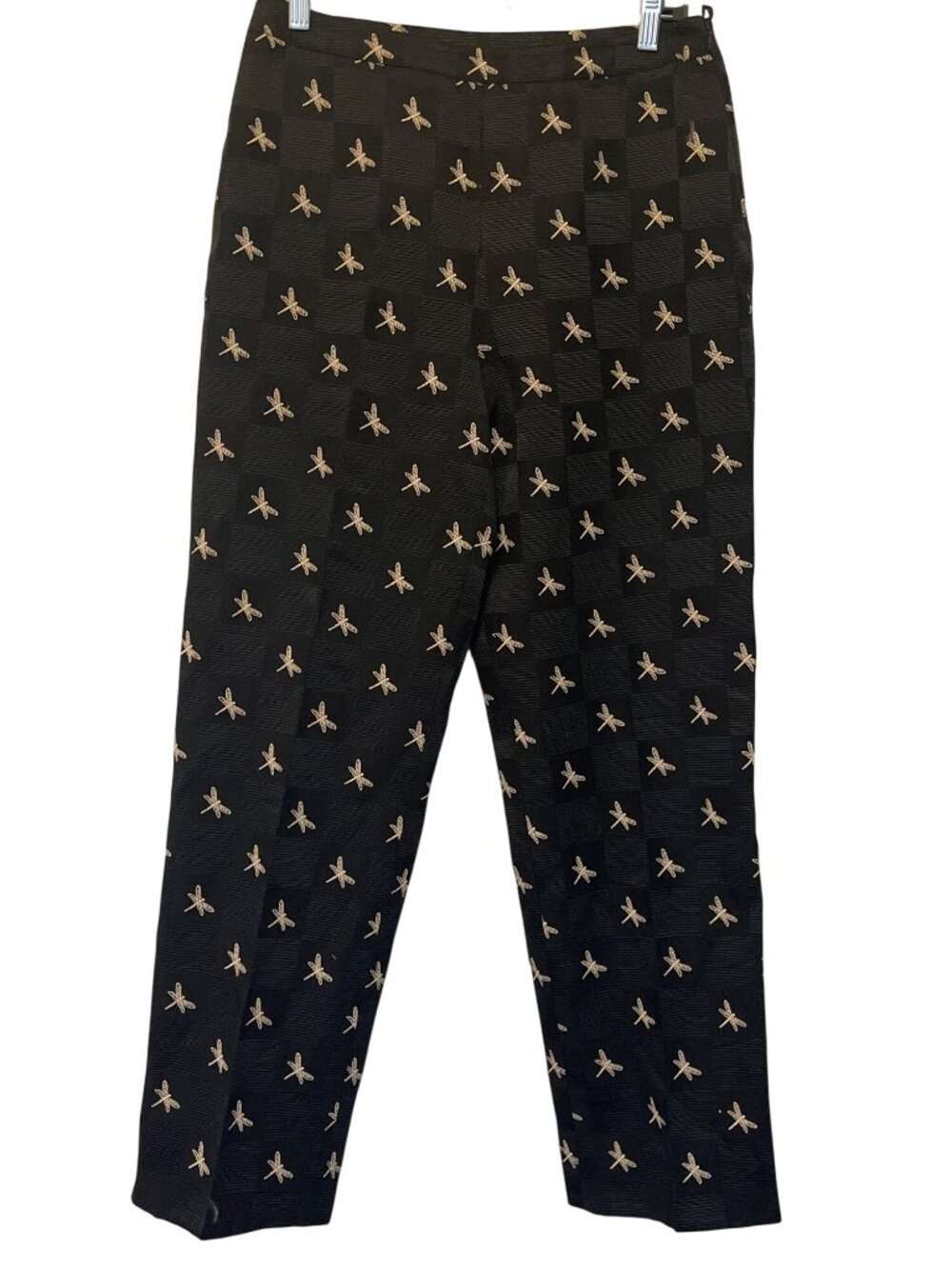 Talbots Womens Black Checkered Straight-Leg Pants W/ Gold Dragonfly Embroidery